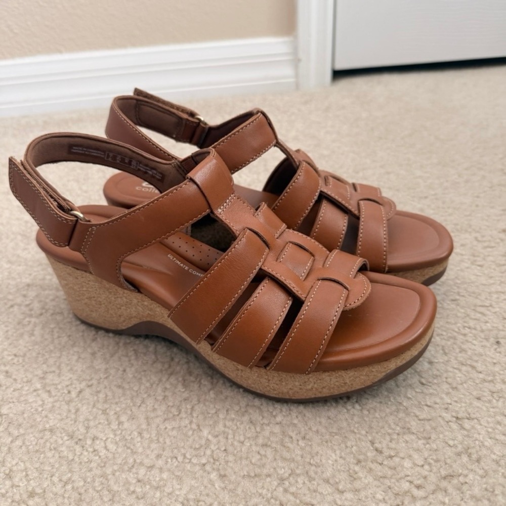 Clarks Collection Women x Jane Leather Tan Brown Strappy Wedge‎ Sandals 9.5 M